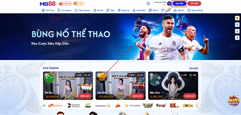 Hướng dẫn nạp tiền MB88 bấm vào nút nạp tiền