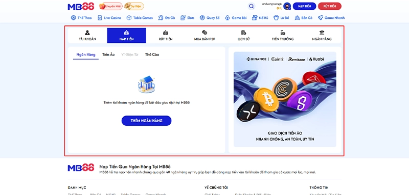Hướng dẫn nạp tiền MB88 lựa chọn cổng nạp