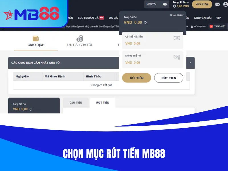 Đăng nhập trang và vào mục rút tiền MB88